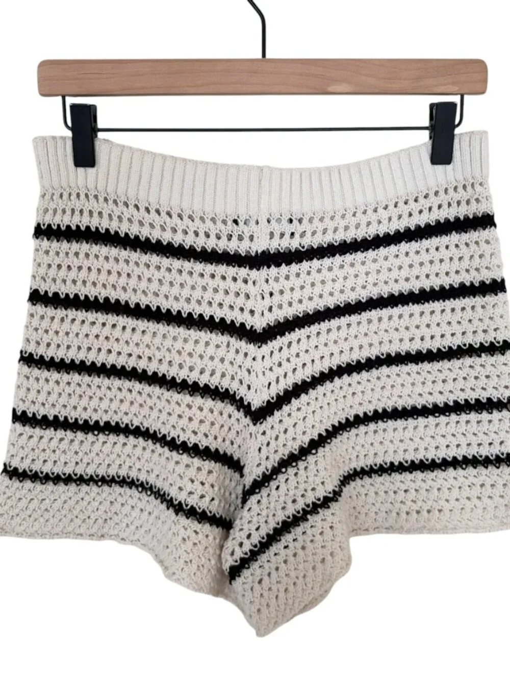 Mango MNG Cream Black Striped Crochet Open Knit Shorts